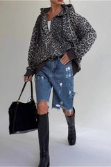 Leopard Zip-Up Loose Hoodie