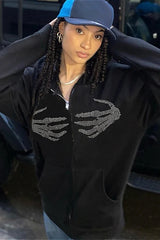 Retro Skull Hand Print Zip-Up Hoodie