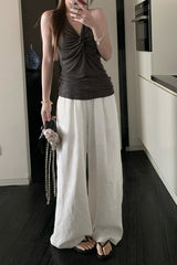 White Linen Blend Wide Leg Casual Pants