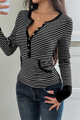 Striped Henley Neck Waist Tie T Shirt