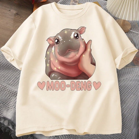 Streetwear Cotton Printed Cute Baby Hippo O Neck Men Short Sleeve Designer T-Shirt Moo Deng