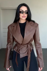 Sexy Fitted Leather V-Neck Tie-Waist Jacket