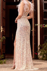 Red Sequin Feather High-Waist Solid Maxi Party Dress