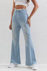 Washed Blue Ripped Patchwork Raw Hem Slim Fit Flare Jeans