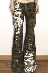 Low Waist Micro Flare Paint Splatter Camo Cargo Jeans