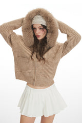 Fuzzy Collar Slim Hooded Short Knit Cardigan