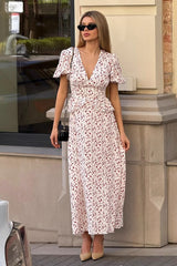 Elegant Puff Sleeve V Neck Slim Waist Long Floral Dress
