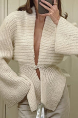 Solid Retro V Neck Asymmetric Hem Knit Cardigan