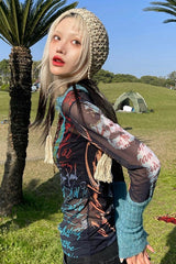 Printed Mesh-Paneled Slim Long-Sleeve Knit Blouse