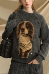 Retro Dachshund Print Slouchy Loose Pullover Sweater