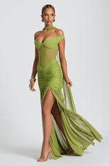 Strapless Backless Mesh Ruched Slit Party Dress