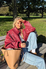 Color-Block Paneled Collared Leather Jacket