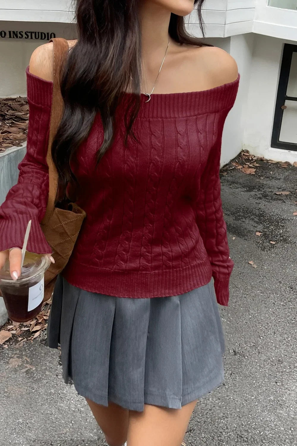 Edgy Long-Sleeve Knit Sweater Red / S