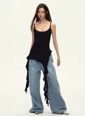 Ruched Asymmetric Black Cami Top