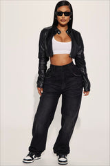 Cropped PU Leather Solid Paneled Jacket