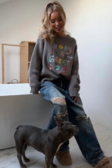 Casual Embroidered Letter Relaxed Fit Knit Sweater