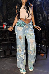 Floral Graffiti Distressed High Waist Loose Straight Jeans
