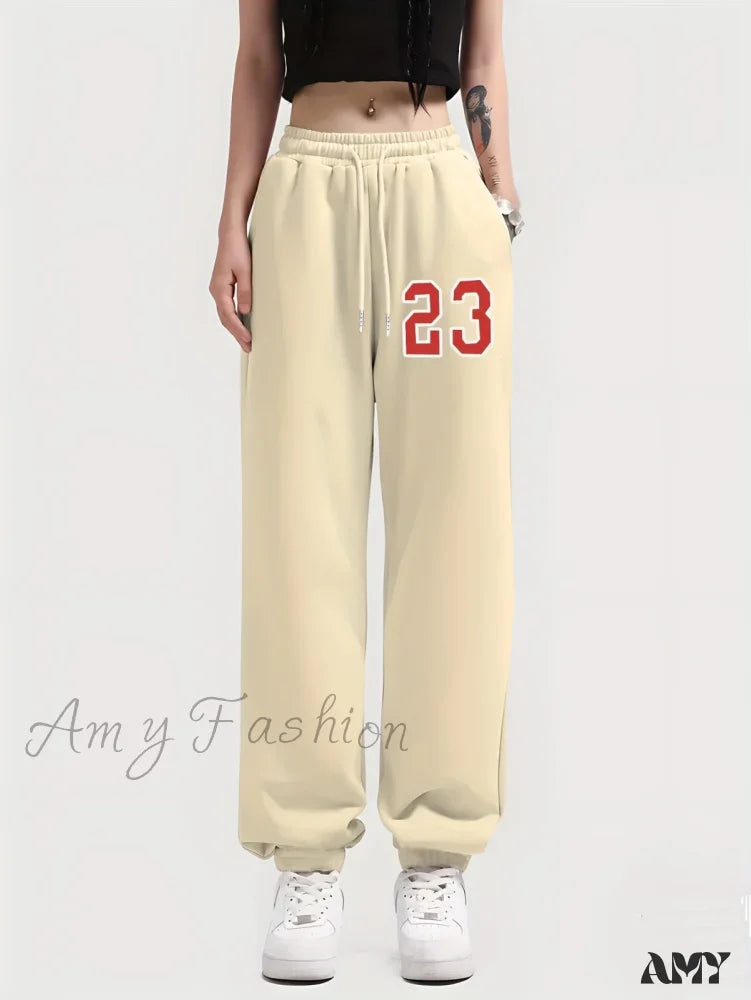 Elastic Waist Comfortable Drawstring Casual Female Pants Beige / M