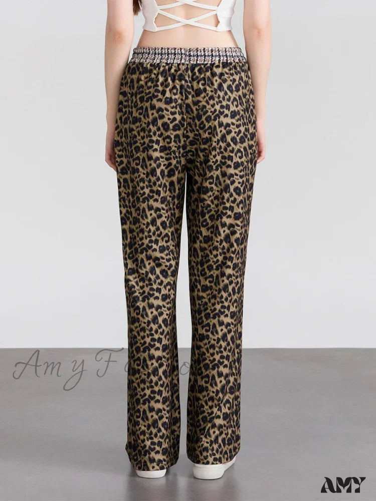 Elastic Waistband Leopard Houndstooth Print Casual Pants