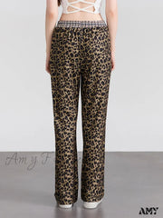 Elastic Waistband Leopard Houndstooth Print Casual Pants