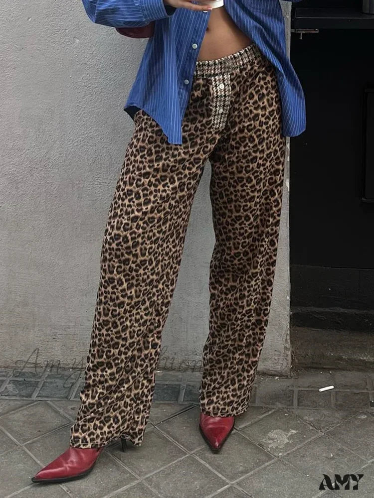 Elastic Waistband Leopard Houndstooth Print Casual Pants