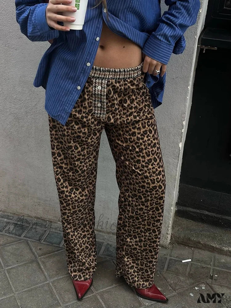 Elastic Waistband Leopard Houndstooth Print Casual Pants