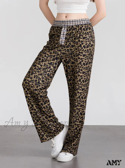 Elastic Waistband Leopard Houndstooth Print Casual Pants Dark Brown / S