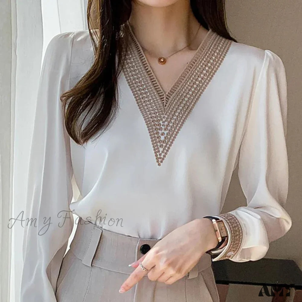 Elegant Chiffons Fashion Casual Loose Long Sleeve Lady Embroidery Tops Blouse White / S
