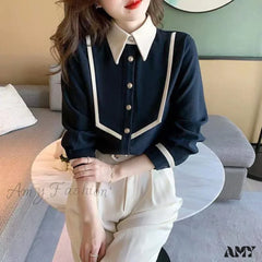 Elegant Corduroy Patchwork Buttons Piping Peaked Spring Fashion Top Blouse