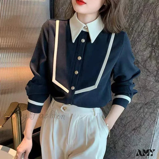 Elegant Corduroy Patchwork Buttons Piping Peaked Spring Fashion Top Blouse