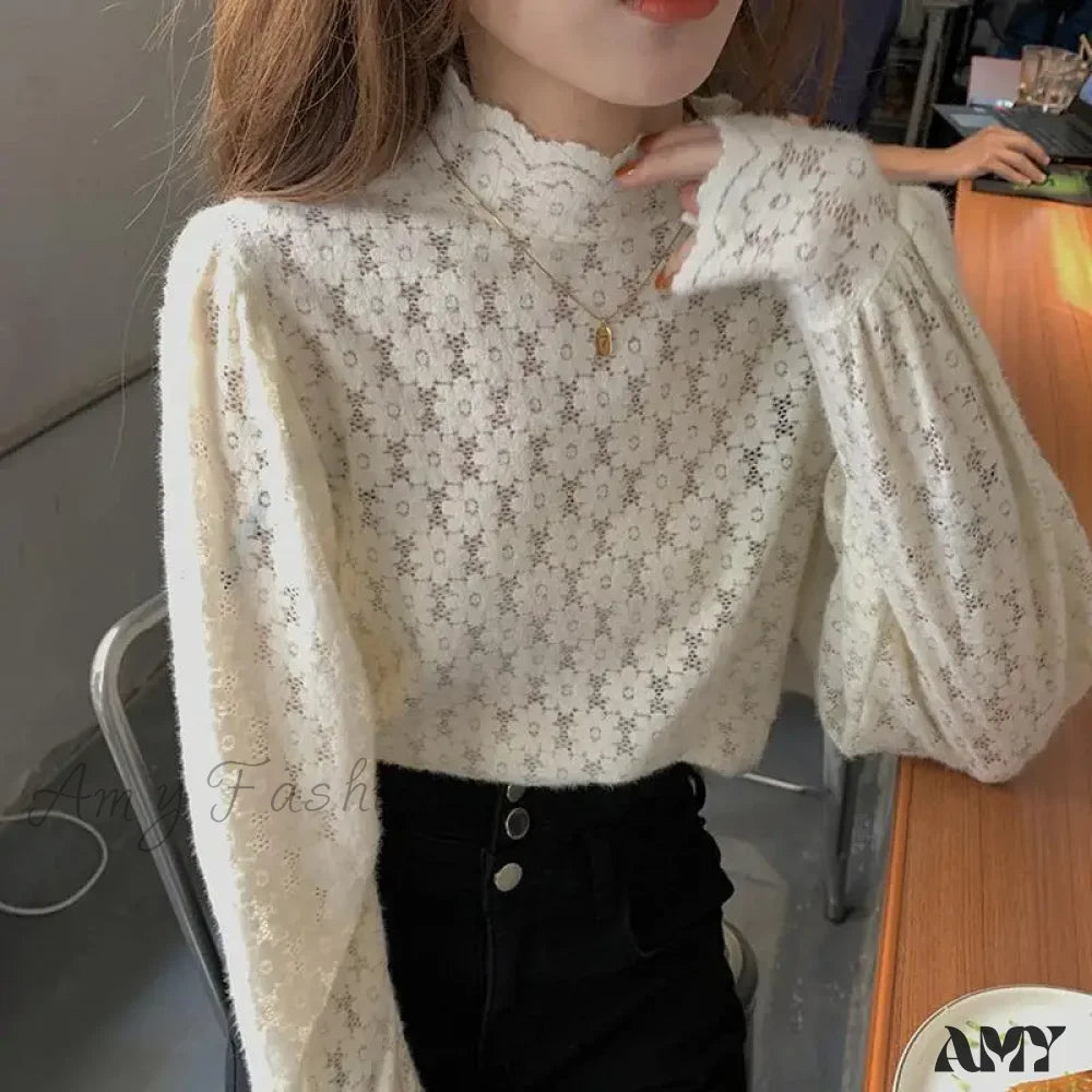 Elegant Floral Turtleneck Lace Autumn Long Sleeve Fashion Spring Lady Top Blouse Apricot / One Size
