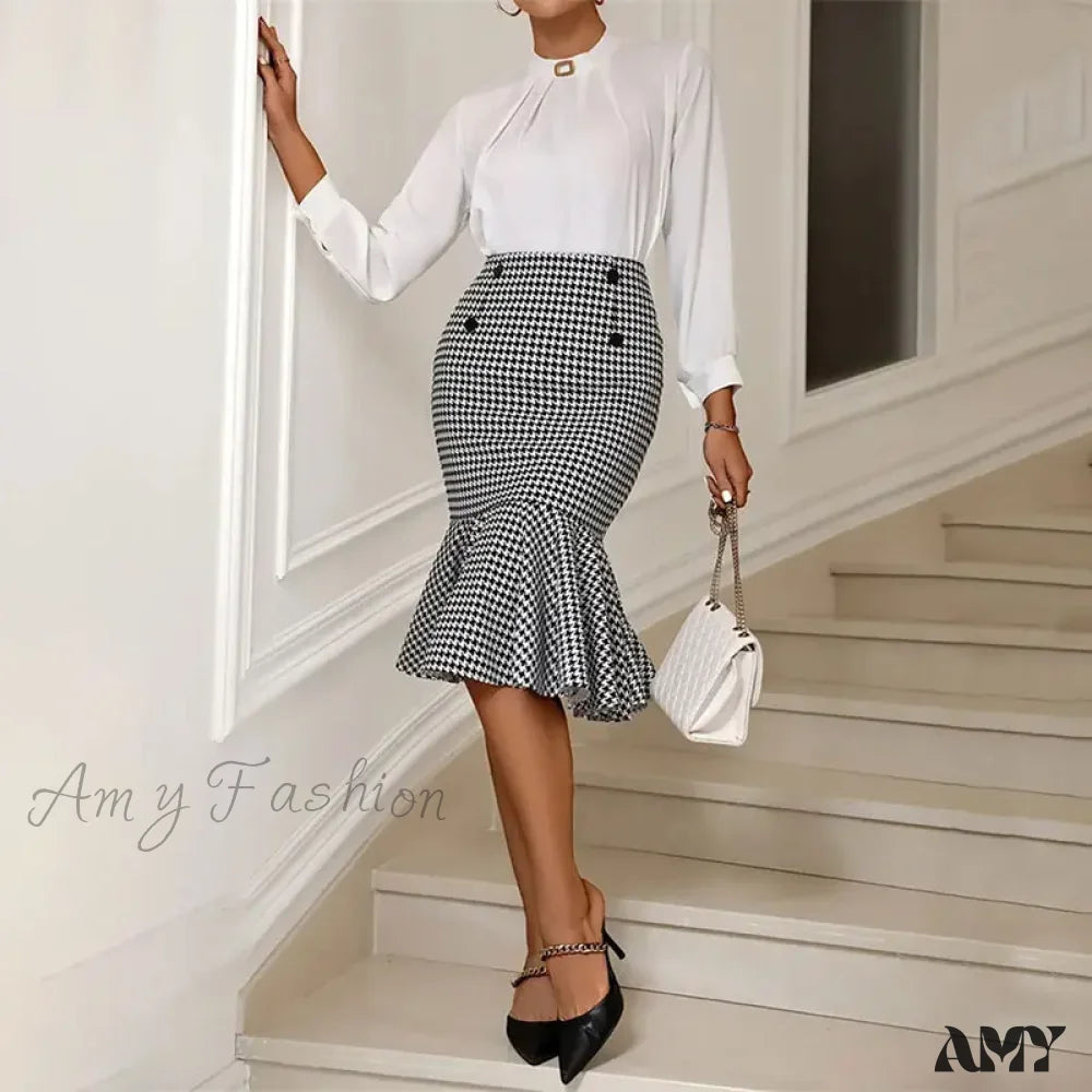 Elegant Houndstooth Printed Knee Length Fashion High Waist Slim Skirt