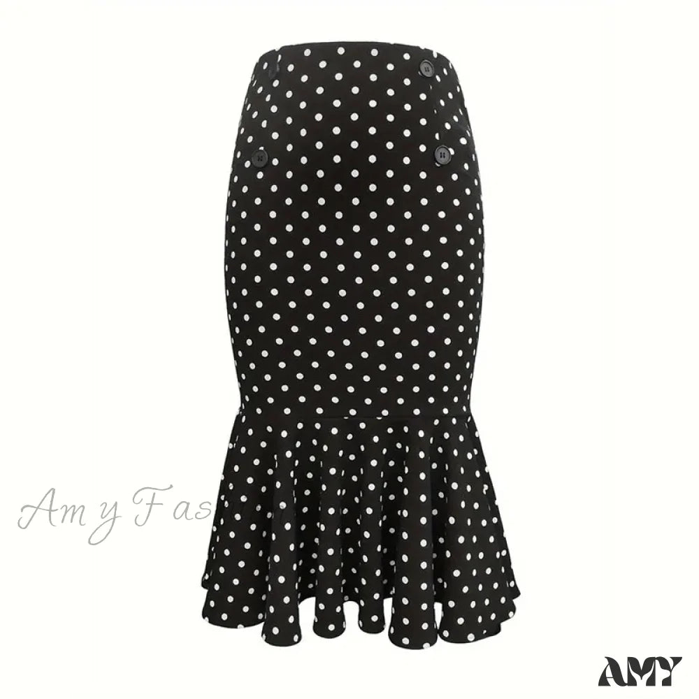 Elegant Houndstooth Printed Knee Length Fashion High Waist Slim Skirt Black / S