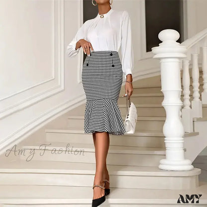 Elegant Houndstooth Printed Knee Length Fashion High Waist Slim Skirt Gray / S