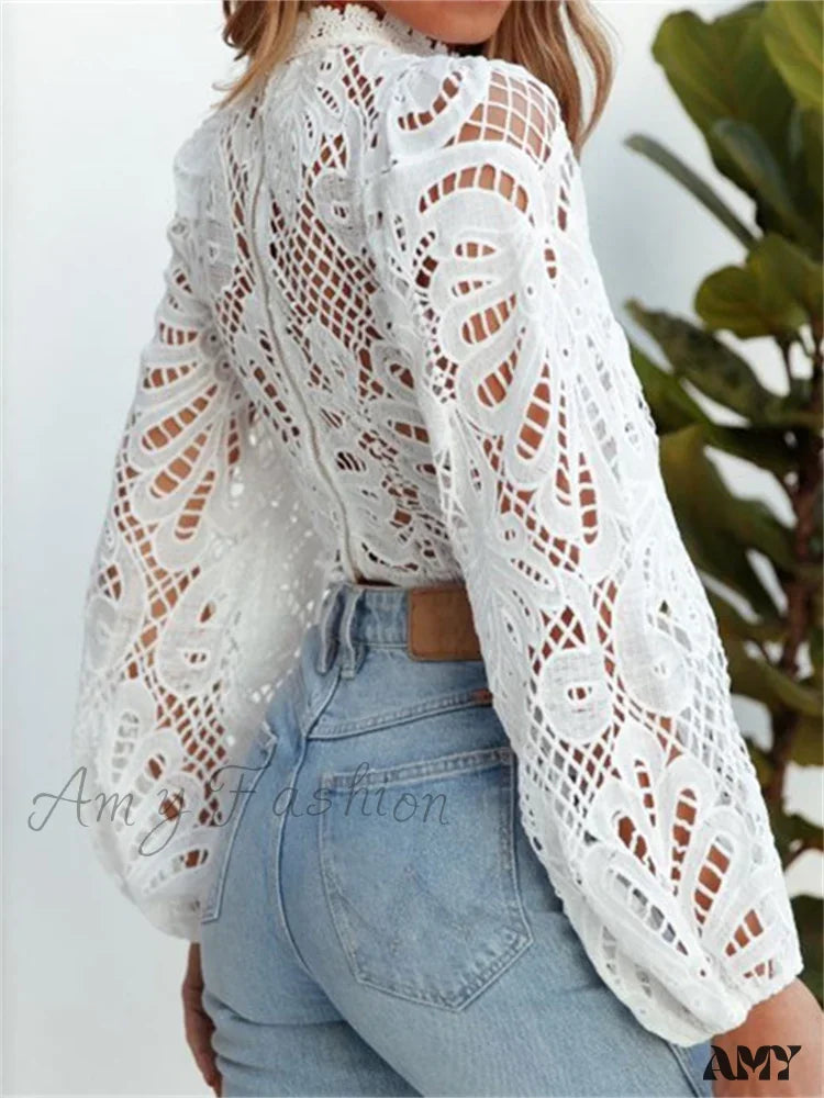 Elegant Lace Crochet Hollow Out Turtleneck Stylish Blouse