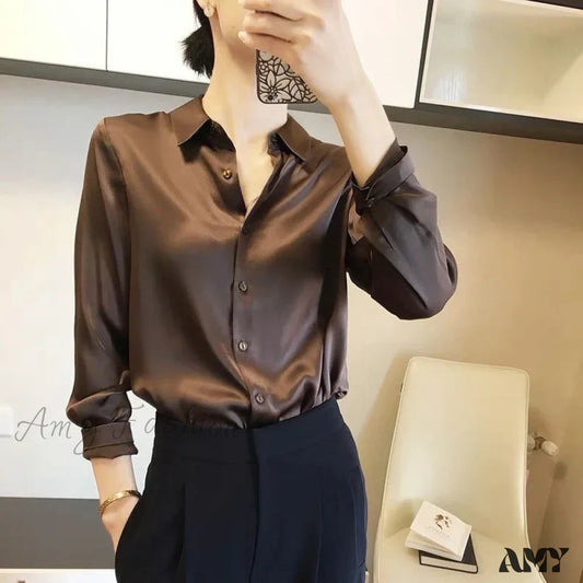 Elegant Luxury Vintage Solid Satin Silk Trend Top Blouse Coffee / S