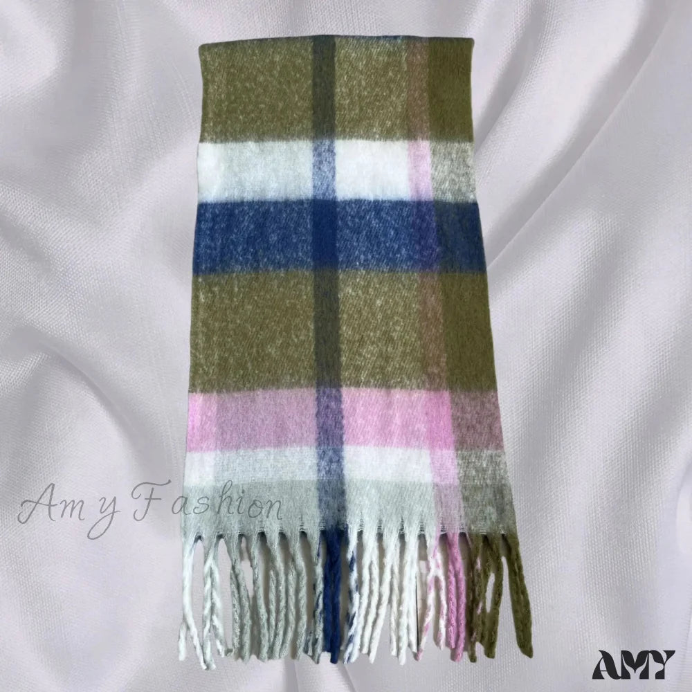 Elegant Minimalist Plaid Long Shawl Thickened Warm Scarf For Women Green Pink / L231Cm W53Cm