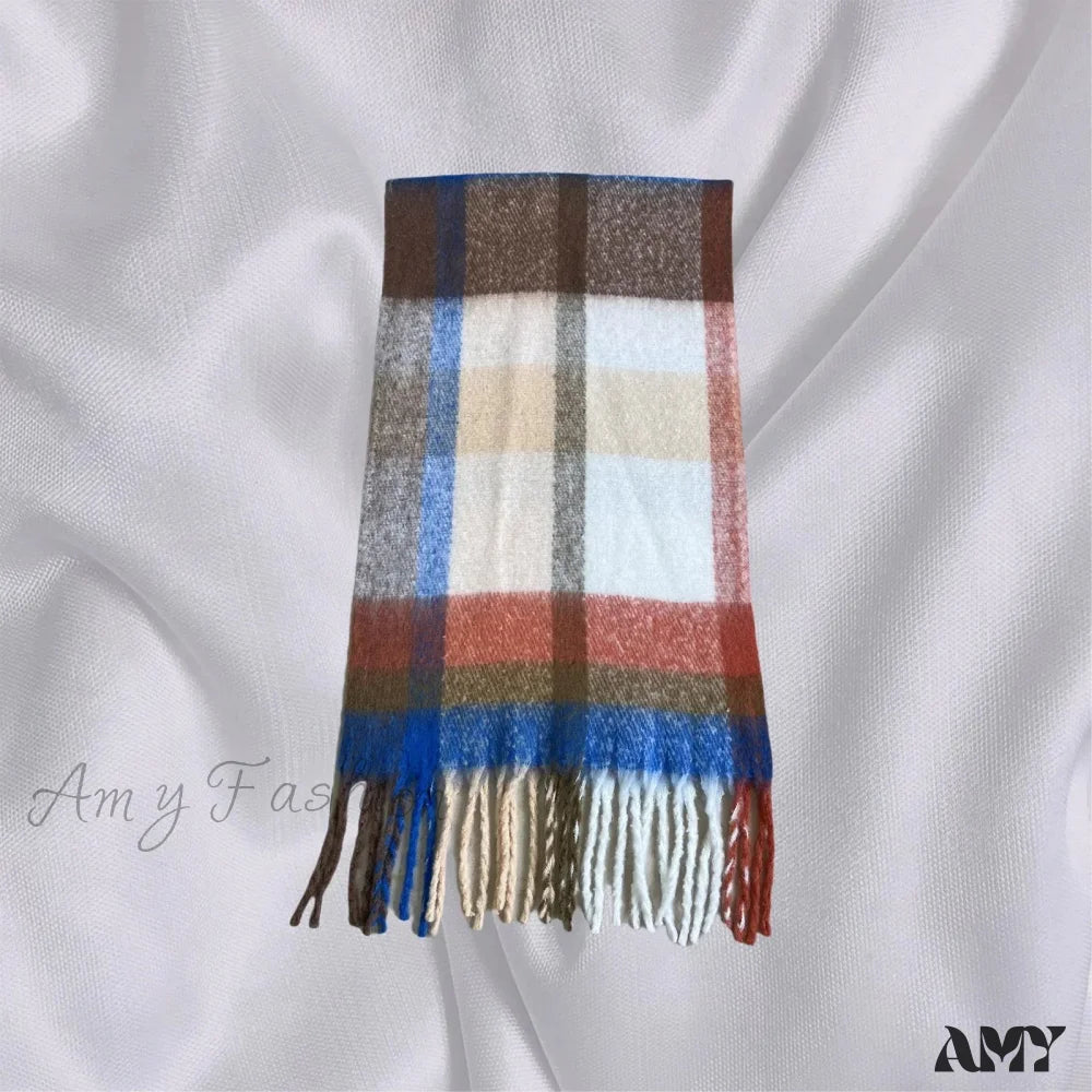 Elegant Minimalist Plaid Long Shawl Thickened Warm Scarf For Women Orange Brown / L231Cm W53Cm