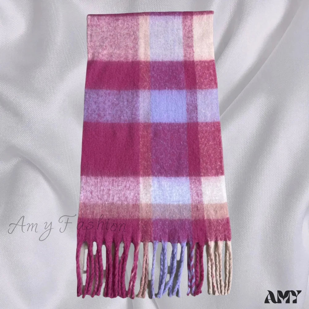 Elegant Minimalist Plaid Long Shawl Thickened Warm Scarf For Women Pink Red / L231Cm W53Cm