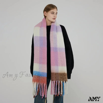 Elegant Minimalist Plaid Long Shawl Thickened Warm Scarf For Women Purple Pink / L231Cm W53Cm