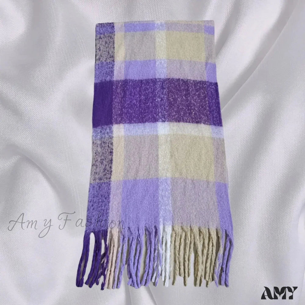 Elegant Minimalist Plaid Long Shawl Thickened Warm Scarf For Women Purple Yellow / L231Cm W53Cm