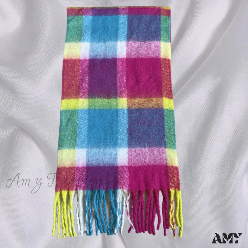 Elegant Minimalist Plaid Long Shawl Thickened Warm Scarf For Women Rainbow / L231Cm W53Cm