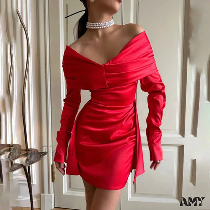 Elegant Off Shoulder Slim Mini Red Dress For Christmas Party / S