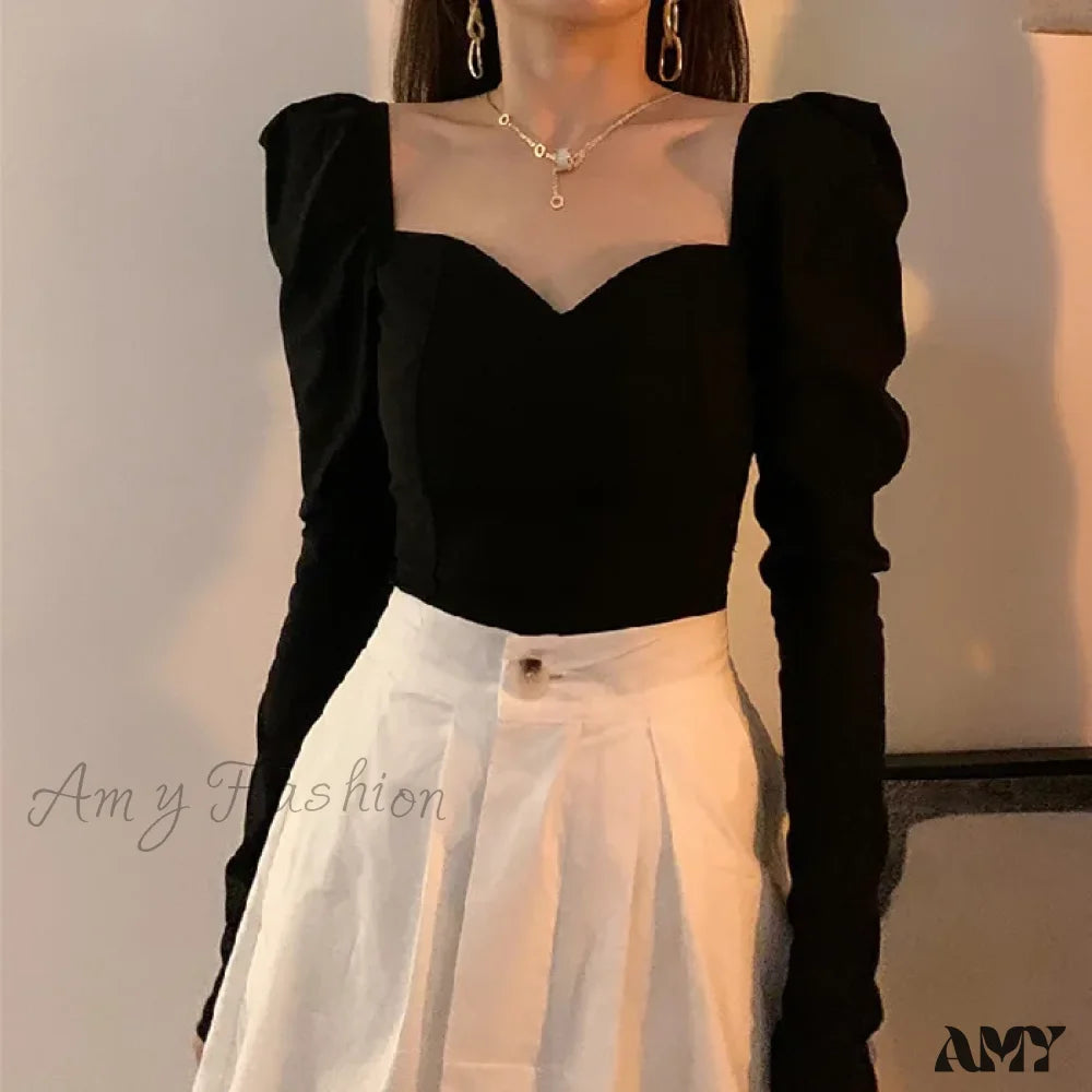 Elegant Puff Sleeve Square Collar Chic Slim Tops Blouse Black / S