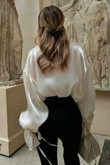 Elegant Satin Tie-Waist Loose Long Sleeve Blouse