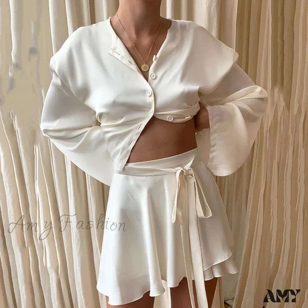 Elegant Satin Two Piece Set Lantern Long Sleeves Crop Tops Cardigan High Waist Mini Skirt