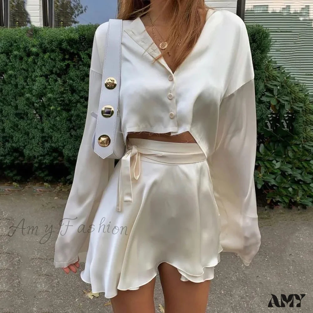 Elegant Satin Two Piece Set Lantern Long Sleeves Crop Tops Cardigan High Waist Mini Skirt White / S