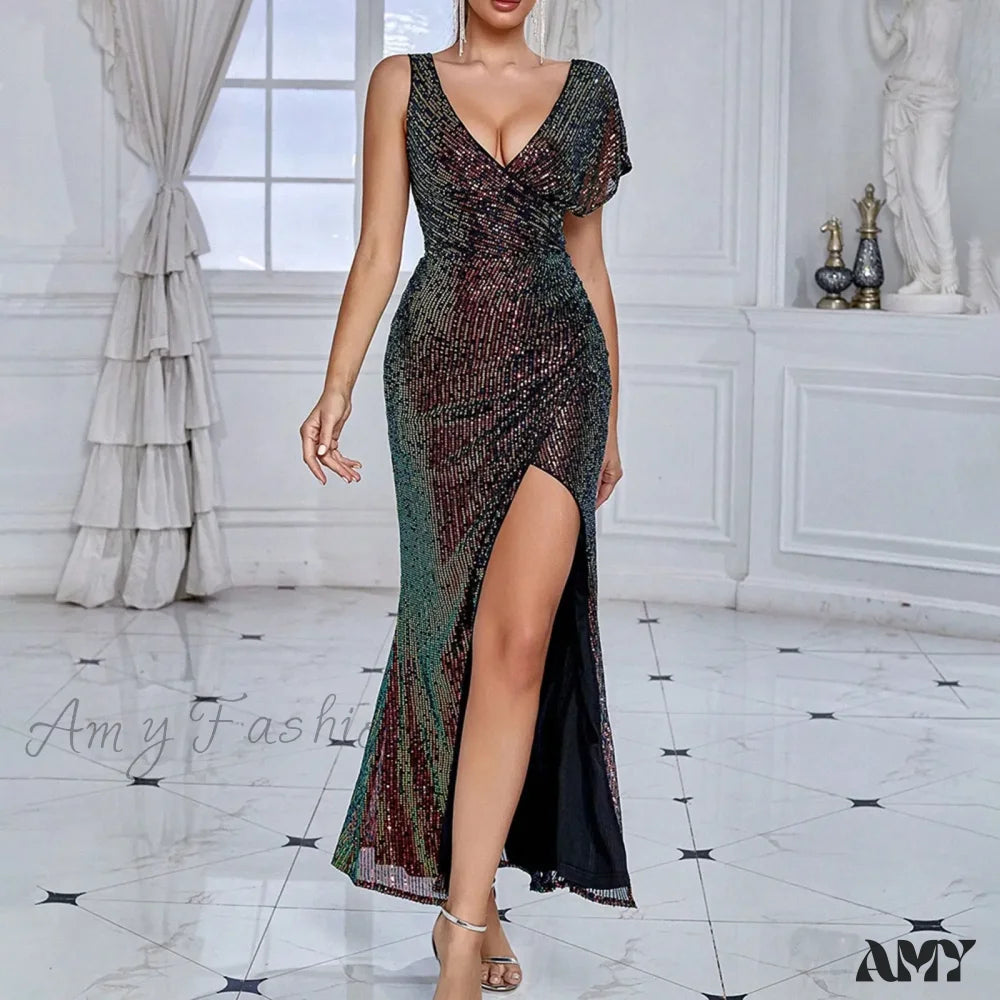 Elegant Sequined One-Shoulder Ruffled Side-Split Draped Evening Prom Maxi Dress Black / S
