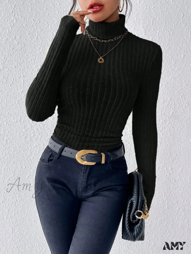 Elegant Solid Basic Knitted Tops Women Turtleneck Long Sleeve Casual Slim Sweater