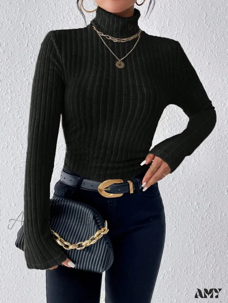 Elegant Solid Basic Knitted Tops Women Turtleneck Long Sleeve Casual Slim Sweater